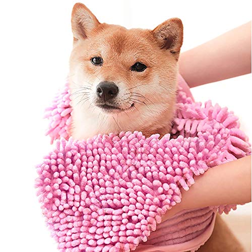 ZERLITE Dog Towel - Microfiber Super Shammy with Hand Pockets, Ultra Absorbent Quick Dry Pet Bath Towels for Small, Medium, Large Dogs and Cats (Medium, 24'' x 14'', Pink)