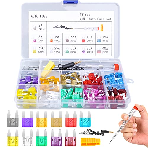 Mini Fuses Assortment Kit, 181pcs Blade Car Fuses Kit with Fuse Tester and Puller, ATM Automotive Replacement Fuse for Auto/RV/Boat/Truck/Motorcycle (2A/3A/5A/7.5A/10A/15A/20A/25A/30A/35A/40Amp)