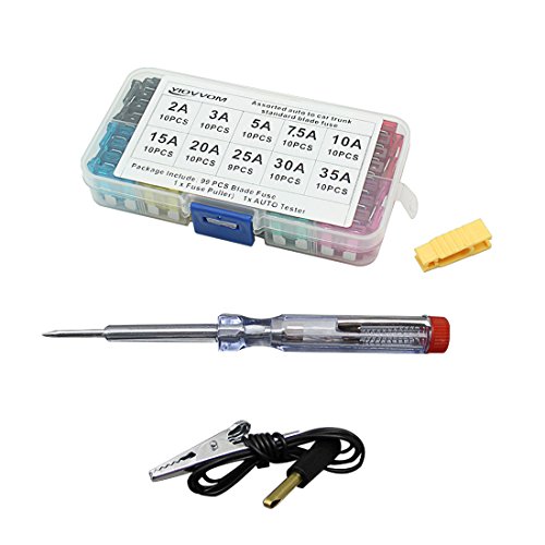 Blade Fuse Assortment, Auto Car Truck Standard Blade Fuse Kit 2 3 5 7.5 10 15 20 25 30 35AMP Cars Boats Trucks SUVAutomotive Fuses w Fuse Puller and AUTO Tester and Storage Case (M)