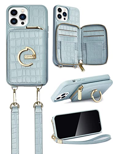 CUSTYPE for iPhone 12 Pro Max Case Wallet with Card Holder for Women, Crossbody Zipper Case with Strap Wrist, Protective Leather Case Purse with Ring for Apple iPhone 12 Pro Max 6.7inch, Blue