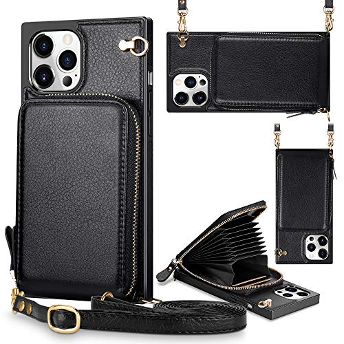 JAKPAK Compatible with iPhone 12 Pro Max Case Wallet Zipper Leather Case with Card Holder Slots Protective Square Cover with Lanyard Shockproof Case Compatible with iPhone 12 Pro Max 6.7inch Black