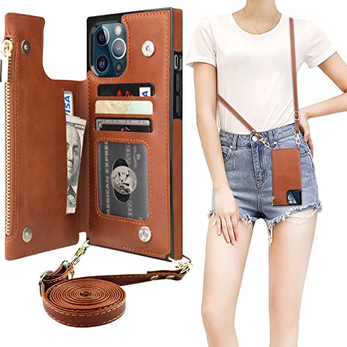 Bocasal Crossbody Wallet Case for iPhone 12 Pro Max with Card Holder,Zipper Card Slot Protector Shockproof Purse Cover with Removable Cross Body Strap 6.7 Inch(Brown)