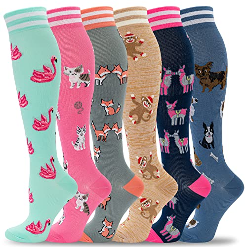 fenglaoda Compression Socks Women 20-30 mmHg 6 Pairs,Knee High,Wide Calf,Colorful,Novelty,Fun,Cute,Best Support Stockings for Running,Sports,Travel,Flight,Nurse,Pregnancy