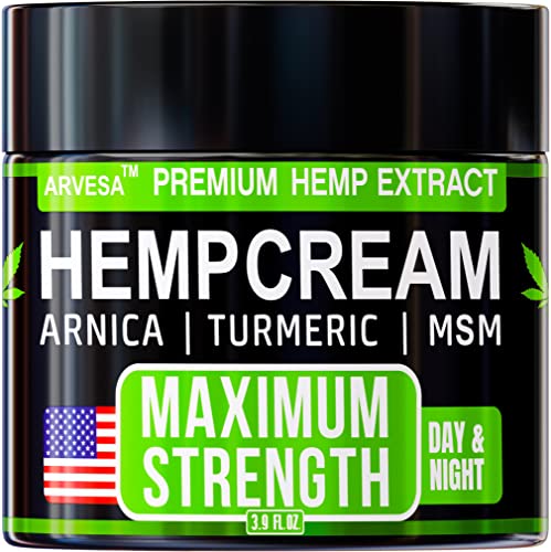 Hemp Cream - Maximum Strength - Relieve Muscle, Joint, Back, Knee - Natural Hemp Oil Extract Gel Rub with MSM - Glucosamine - Arnica - Turmeric - Maximum Strength - Made in USA - 3.9 fl oz