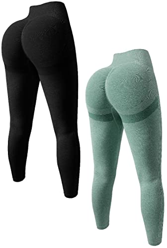 OQQ Women's 2 Piece Butt Lifting Yoga Legging Workout High Waist Tummy Control Ruched Booty Pant, Black Darkgreen, Medium