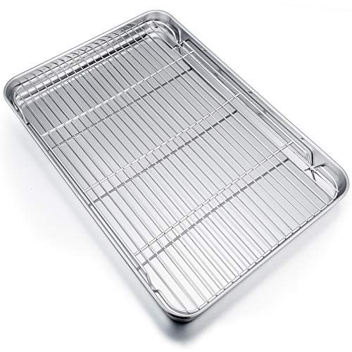 P&P CHEF Extra Large Baking Sheet and Rack Set, Stainless Steel Cookie Sheet Baking Pan with Cooling rack, Rectangle 19.6''x13.5''x1.2'', Oven & Dishwasher Safe -Half Size