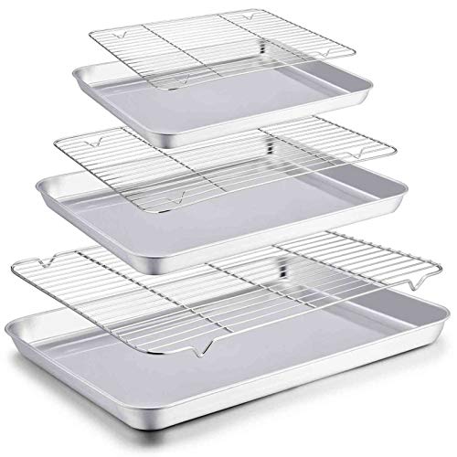 TeamFar Baking Sheet with Rack Set, 20 & 16 & 12, Stainless Steel Cookie Sheet Baking Pans with Cooling Roasting Racks, Non Toxic & Rust Free, Mirror Finish & Dishwasher Safe - 6 Pieces