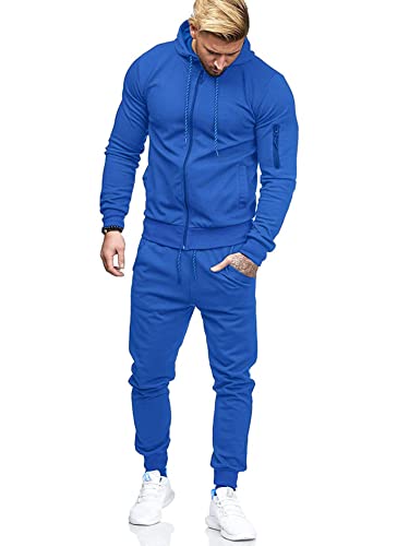 TURETRENDY 2 Piece Outfits For Men Hooded Athletic Jogging Suits Athletic Running Set Blue L