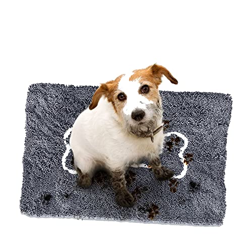 Soggy Doggy Doormat with Bone Design, Microfiber Chenille Indoor Wet Dog Mat for Muddy Paws and Drying, Ultra-Absorbent Dog Mats for Sleeping and Lounging, Gray/Light Gray