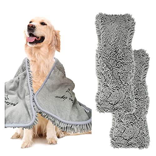 Patas Lague 2 Pack Luxury Absorbent Dog Towels, (35''x15'') Extra Large Microfiber Quick Drying Dog Shammy with Hand Pockets Pet Towel for Dog and Cat, Machine Washable (Grey*2)