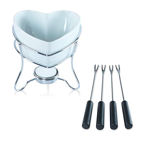 Yumchikel-Elegant Chocolate Fondue Heart Shaped Pot Butter warmer Bowl Set with 4 Dipping Forks & Tea Light Holder  For the Perfect Melted, Chocolate & Cheese Serving  fondue set