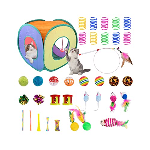 Cat Toys Set 36 PCS, Cat Toys Kitten Toys Interactive Cat Toys for Indoor Cats Collapsible Cat Tunnels Cat Feather Teaser Wand Feather Toy Springs Mouse Crinkle Balls Bell Play for Cat Kitty Kitten