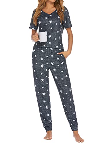 Ekouaer Womens Pajama Sets Short Sleeve Sleepwear Long Pants Soft Sleep Lounge joggers Pj Sets with Pockets