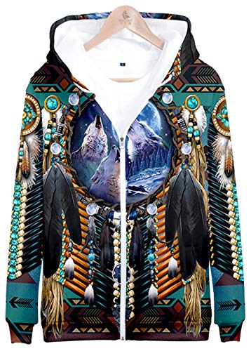 SIAOMA Native Indians Hoodie Unisex 3D Print Hooded Coat Native American Zip Up Jacket(Wolf Feather,Large)