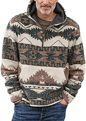 chouyatou Men's Tribal Aztec Printed 1/4 Zip Fuzzy Sherpa Pullover Sweatshirt Hoodie (Small, Brown)