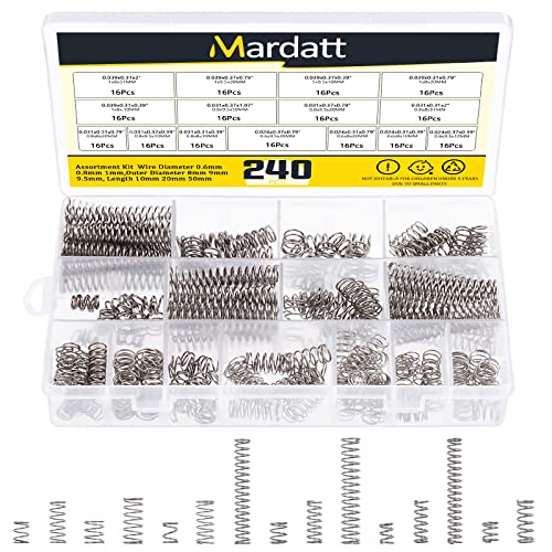Mardatt 240 Pcs 15 Size Compression Springs Assortment Kit Mini Stainless Steel Springs with Case Wire Diameter 0.6mm 0.8mm 1mm, Outer Diameter 8mm 9mm 9.5mm, Length 10mm 20mm 50mm