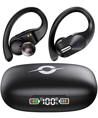 Bluetooth Headphones Wireless Earbuds Bass Stereo Sound with Wireless Charging Case 48H Playback Earphones LED Display With Built in Mic and Over Earhooks Waterproof Headset for Running Workout Sports