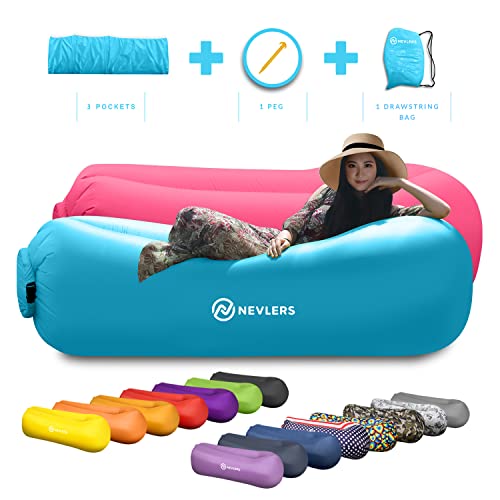 Nevlers 2 Pk Blue & Pink Inflatable Loungers Air Sofa Perfect for Beach Chair Camping Chairs or Portable Hammock & Includes Travel Bag Pouch and Pockets | Camping Accessories Blow up Lounger