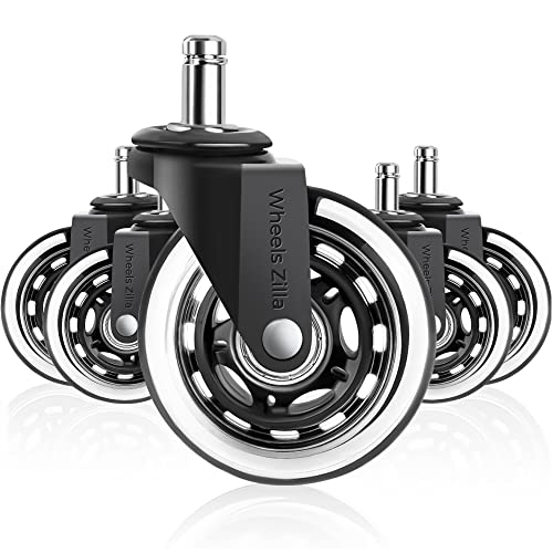 Wheels Zilla Office Chair Wheels, Set of 5, 3 inch Heavy-Duty Replacement Rubber Wheels for Desk & Gaming Chair, Chair Casters are Easy to Install & Suitable for All Floors, including Carpet & Wood