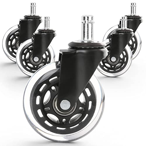 Office Chair Wheels, Replacement Chair Caster Wheels for Hardwood Floors and Carpet, Set of 5, 3 inch, Heavy Duty, Noise Free, Rubber Wheels, Universal Fit