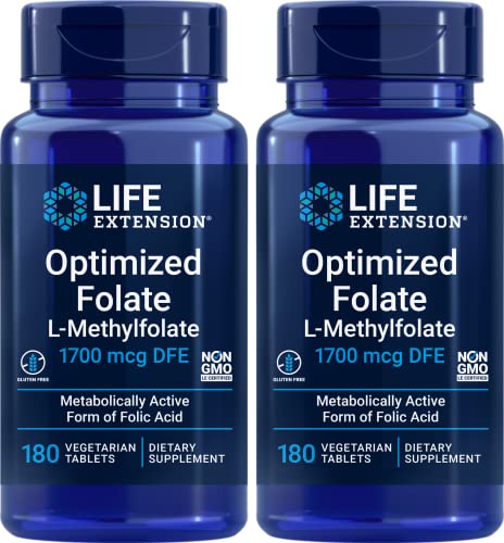 Life Extension Optimized Folate (L-Methylfolate) 1700 mcg DFE, 180 Veg Tablets (Pack of 2)