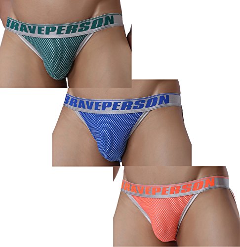 BRAVE PERSON 57 Fashion Trendy Men's Jacquard Sexy Comfort Briefs Pouch Bikini (M / 28-31, Green & Blue & Orange)