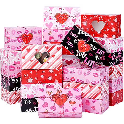 MIMIND 24 Pack Valentines Day Cookie Boxes Cupcake Bakery Boxes with Heart Window 7.8 x 4.7 x 2.75 Inch Goody Treat Boxes Candy Container Boxes with Tags for Valentines Day Gifts Giving