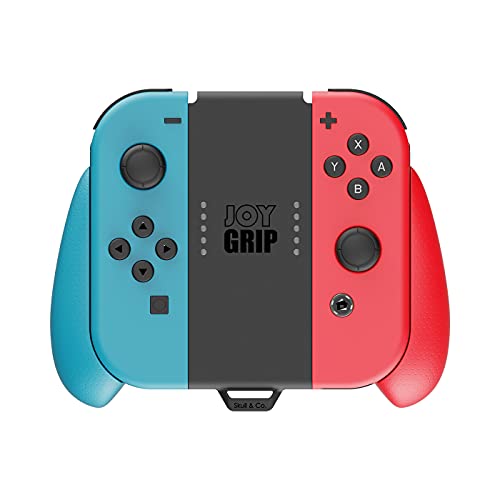 Skull & Co. JoyGrip for Nintendo Switch Joy-Con Controller: Rechargeable Handheld Joystick Remote Control Holder with Interchangeable Grips - Neon Blue (L) Neon Red (R)