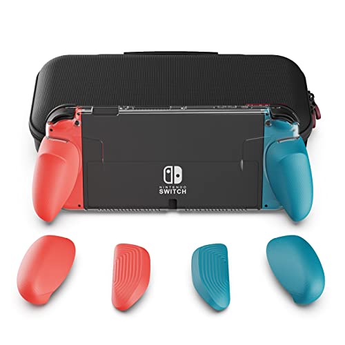 Skull & Co. GripCase OLED Bundle: A Dockable Transparent Protective Case with Replaceable Grips [to fit All Hands Sizes] for Nintendo Switch OLED Model- Neon Blue (L) Neon Red (R)