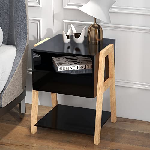 UYIHOME Modern Nightstand with Drawer and 2 Open Shelves, High Gloss Bedside Table with Storage & Trapezoid Rubberwood Leg Frame, Sofa Side End Accent Table, Black
