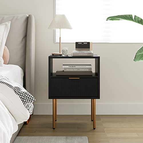 Masupu Nightstand,Mid-Century Modern Bedside Table with Storage Drawer and Open Wood Shelf,Small Gold Frame Side Table for Bedroom,Living Room (Modern-1, Black)