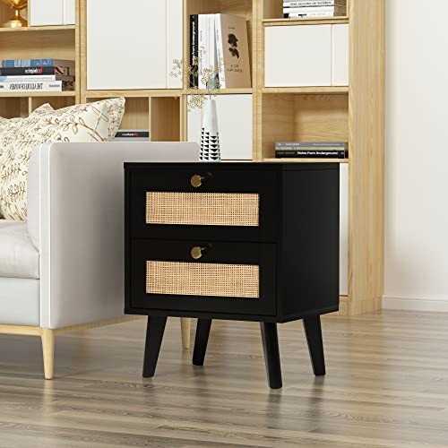 Anmytek Black Nightstand, Farmhouse Rattan Nightstand Wood Bedside Table with 2 Drawers Mid Century Modern Nightstand End Table for Bedroom Living Room Dorm, H0066