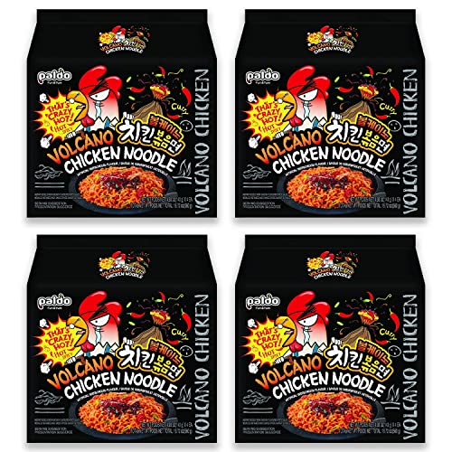 Paldo Fun & Yum Volcano Extremely Hot & Spicy Stir Fried Chicken Instant Noodles, Pack of 16, Soupless Original Korean Ramyun, Spicy Ramen Challenge, Chicken Bokkeummyun, 140g x 16