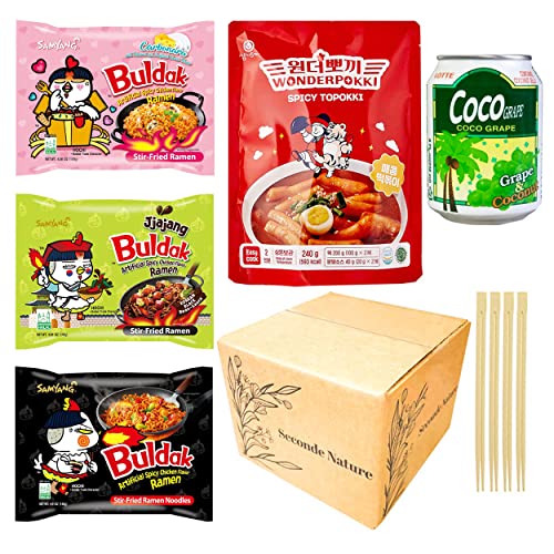 Father's Day Journey of Asia "Korean Spicy Ramen Box" | 3 Buldak Ramen "Original, Jjajang, Carbo" +1 Korean Spicy Rice Cakes Tteokbokki +1 Korean Sweet Drink + 4 Chopstick | Gift For Asian Snack Box |The Fire Noodle Challenge