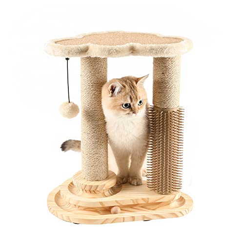 Made4Pets Cat Scratching Post, Cat Self Groomer for Indoor Cats, Cloud Soft Perch for Rest, 17.5" Tall Natural Sisal Scratcher Cat Grooming Interactive Ball Track Toys