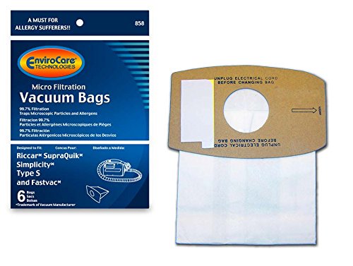 EnviroCare Replacement Micro Filtration Vacuum Cleaner Dust Bags made to fit Riccar SupraQuik and Simplicity Type S and Fastvac 6 pack