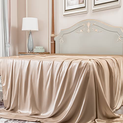 PROMEED Grade 6A Silk Queen Size Flat Sheet Only, 100% 23 Momme Mulberry Silk Cooling Top Bed Sheet, Temperature Regulating (Champagne, Queen)