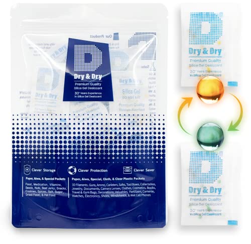Dry & Dry 5 Gram [50 Packets] Premium Pure & Safe Orange Indicating Silica Gel Packets Desiccant Dehumidifiers - Food Safe Silica Packets Silica Gel Moisture Absorbers