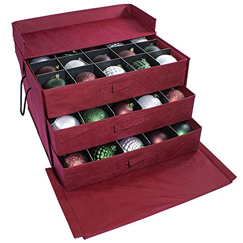 612 Vermont Christmas Ornament Storage Box with 3 Pull-Out Trays, Adjustable Acid-Free Dividers, 21.25 Inches x 17.25 Inches x 13 Inches, Holds 60-4 Inch Ornaments