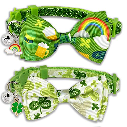 Pohshido 2 Pack St. Patrick's Cat Collar with Bow Tie and Bell, Kitty Kitten Breakaway Lucky Irish Shamrock Collar for Girls and Boys Male Female Cats (The Lucky One)