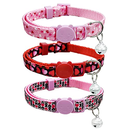 Valentine Holiday Cat Collar with Bell, 3 Pack Breakaway Kitty Kitten Heart Collar for Boys Girls Male Females