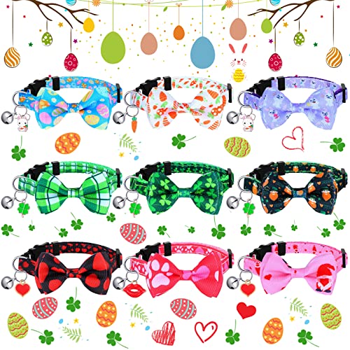 9 Pcs Holiday Cat Collars Easter Breakaway Cat Collar with Bow Tie and Bell Adjustable St. Patrick's Day Valentine's Day and Safety Buckle Collars for Kitten Puppy Festivals and Daily (Small)