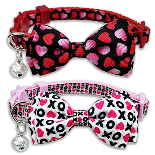 Pohshido 2 Pack Valentine Kitty Kitten Collar with Bow Tie, Holiday Heart Collar with Bell for Boys and Girls Male Female Cats (Pattern 1)