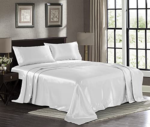 Satin Sheets Full [4-Piece, White] Hotel Luxury Silky Bed Sheets - Extra Soft 1800 Microfiber Sheet Set, Wrinkle, Fade, Stain Resistant - Deep Pocket Fitted Sheet, Flat Sheet, Pillow Cases