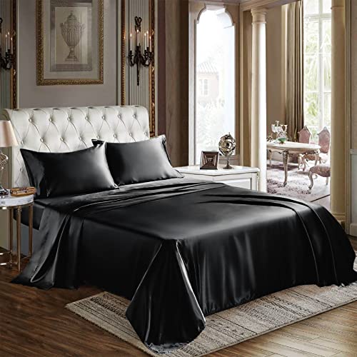 CozyLux Satin Sheets Full Size - 4 Piece Black Bed Sheet Set with Silky Microfiber, 1 Deep Pocket Fitted Sheet, 1 Flat Sheet, and 2 Pillowcases - Smooth and Soft