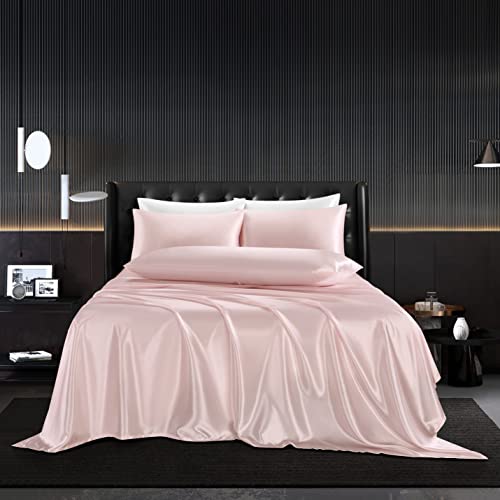 HommxJF 5Pcs Blush Pink Silk Sheets Full Satin Sheets Set Full Size Sheets Silky Breathable Luxury Bedding Sheets with 1 Satin Flat Sheet,1Deep Pocket Fitted Sheet,3 Pillowcases