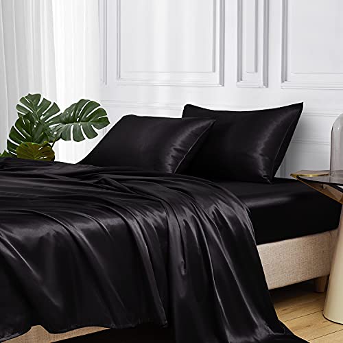 MR&HM Satin Bed Sheets, Full Size Sheets Set, 4 Pcs Silky Bedding Set with 15 Inches Deep Pocket for Mattress (Full, Black)