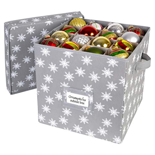 HOLDN STORAGE Christmas Ornament Storage Box with Lid - Christmas Decor Storage Containers that Store up to 64 Holiday Ornaments - Grey/White Snowflakes Trim