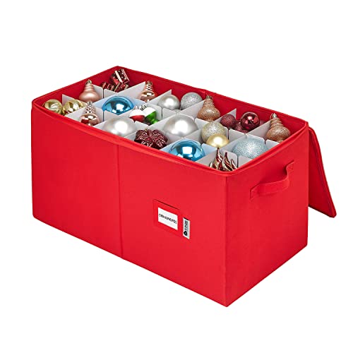 Christmas Ornament Storage Container with Dividers -Box Stores Up to 54-4" Ornaments, Zippered, Convenient, Adjustable, Heavy Duty 600D, Large Organizer Bin to Protect and Store Holiday Dcor (Red)