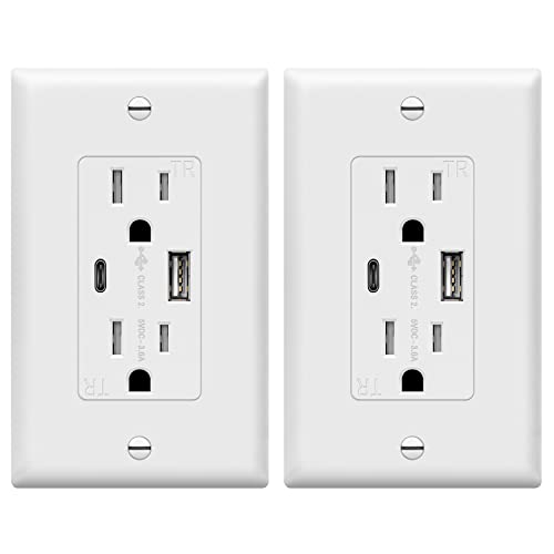 TOPGREENER USB Outlet, Type C USB Wall Charger Outlet, 15 Amp Tamper Resistant Receptacle Plug, Charging Power Outlet with USB Ports, UL Listed, TU21536AC-W-2PCS, White, 2 Pack